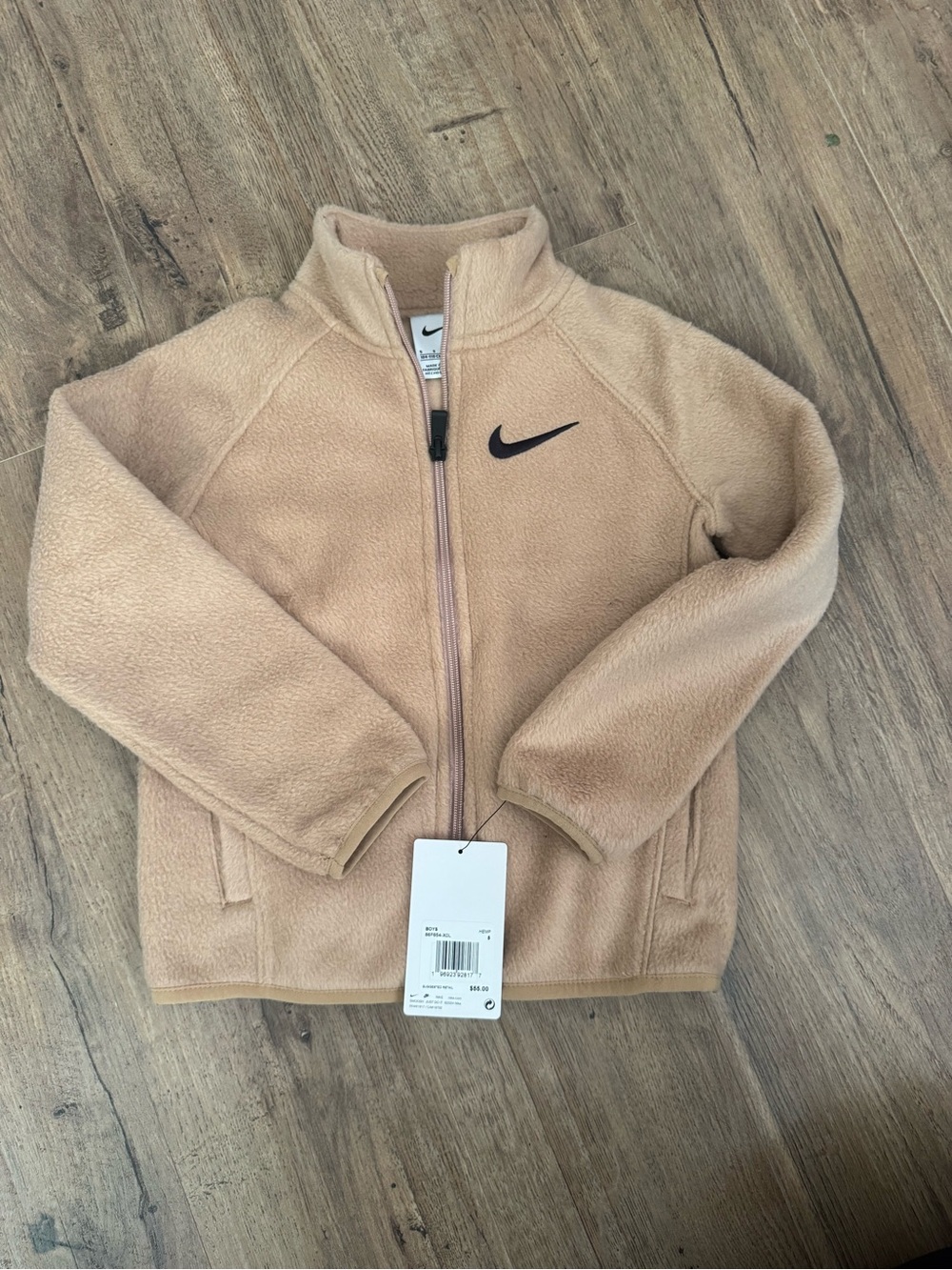 Nike Kids Beige Fleece Full-Zip Jacket with Black Swoosh